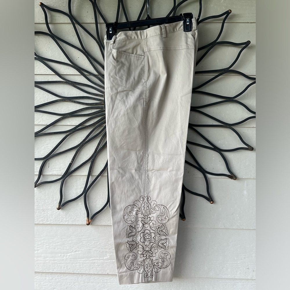 Rafaela khaki button/zip cropped pants, embroidery on legs, size 10